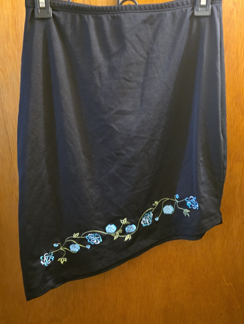 Black Y2K Asymmetrical Skirt with Blue Floral Embroidery